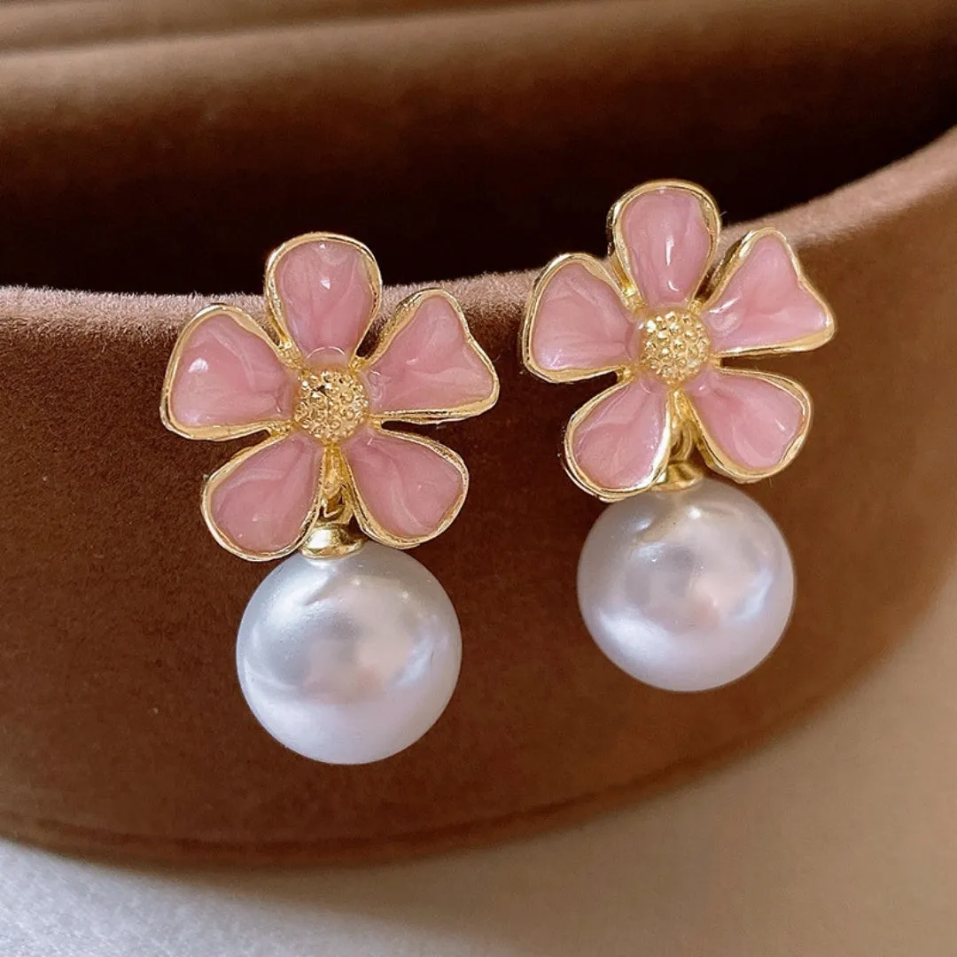 Elegant Pink Flower White Pearl Earring