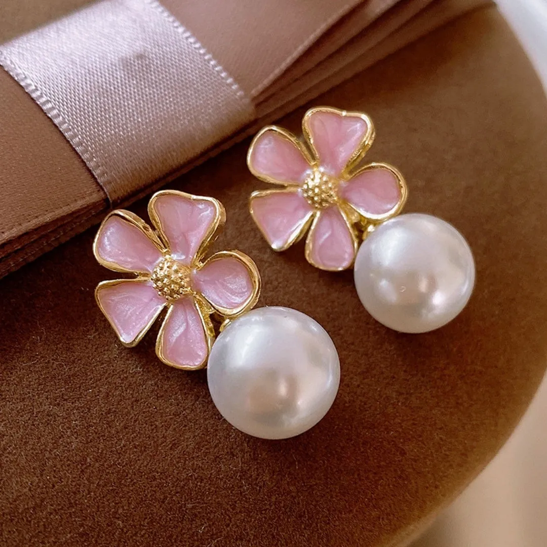 Elegant Pink Flower White Pearl Earring