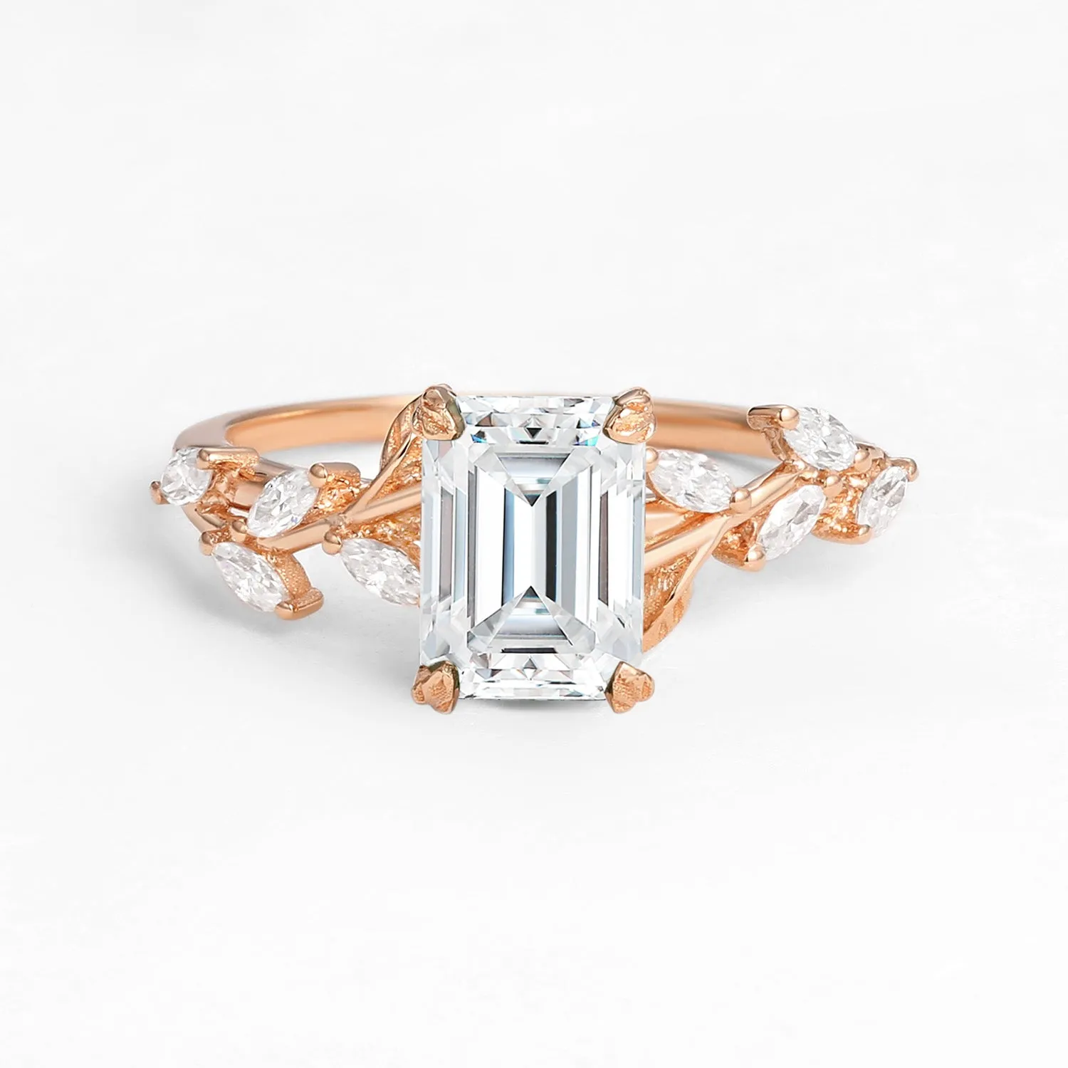 Emerald Cut Moissanite Leafy Engagement Ring