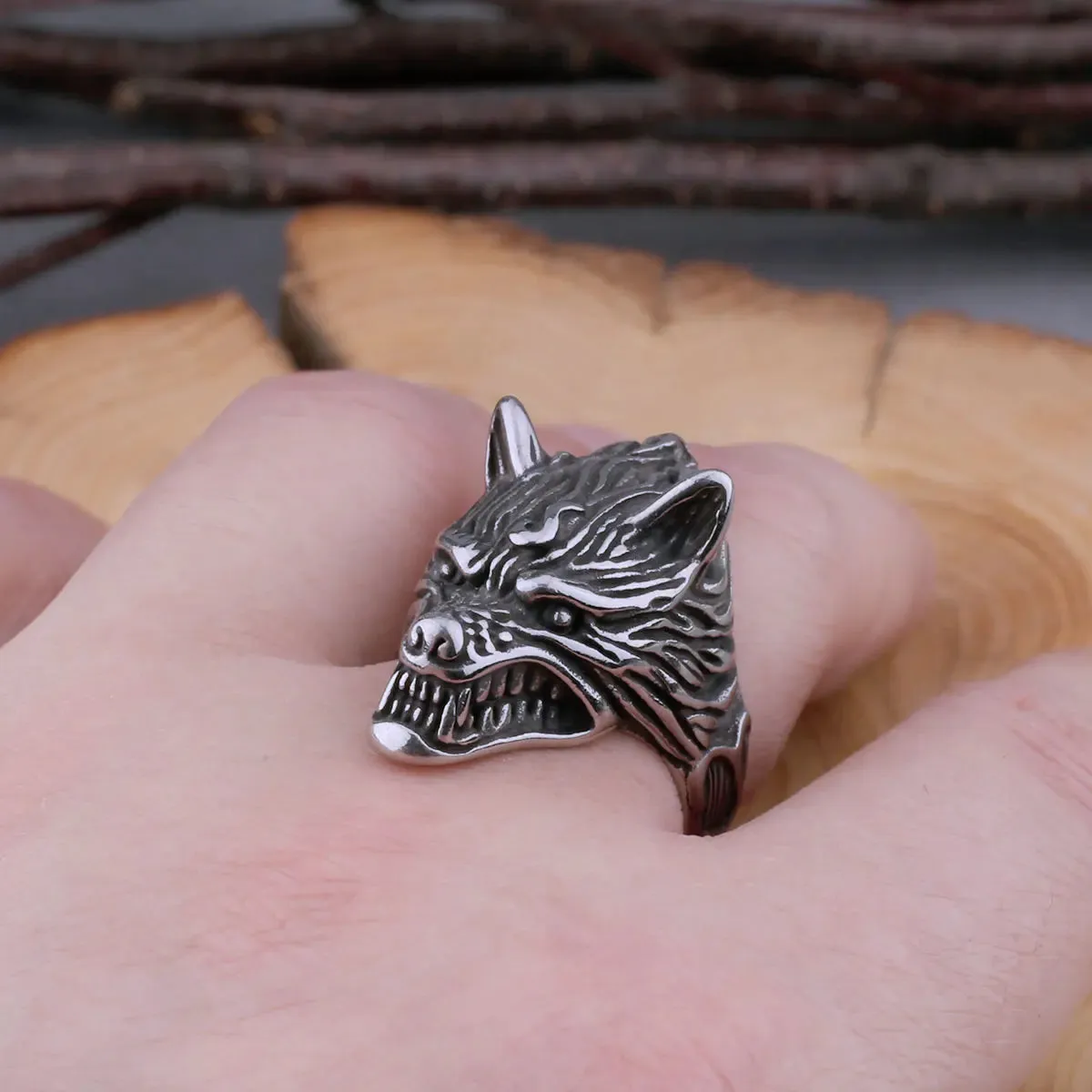 Fenrir Viking Wolf Head Ring