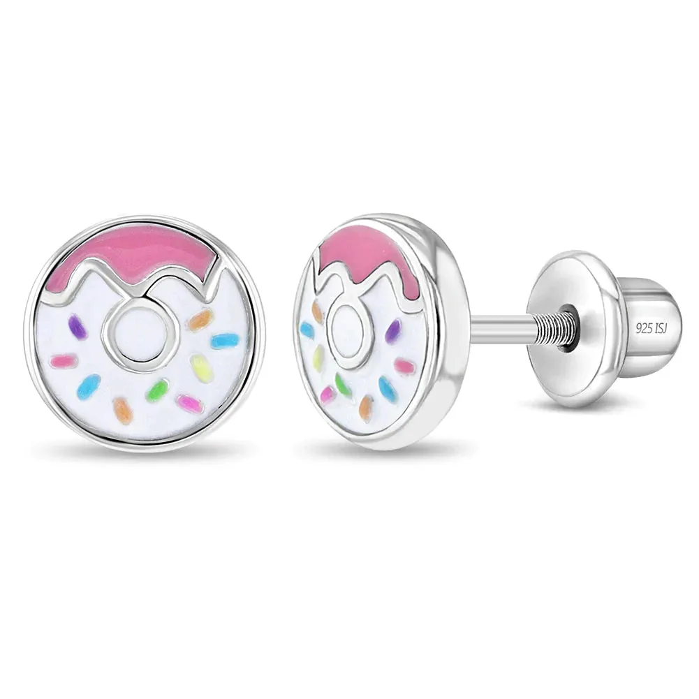 Frosted with Sprinkles Donut Kids / Children's / Girls Earrings Screw Back Enamel - Sterling Silver