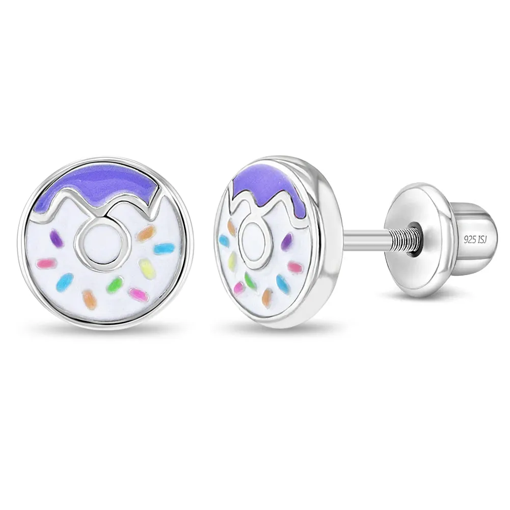 Frosted with Sprinkles Donut Kids / Children's / Girls Earrings Screw Back Enamel - Sterling Silver