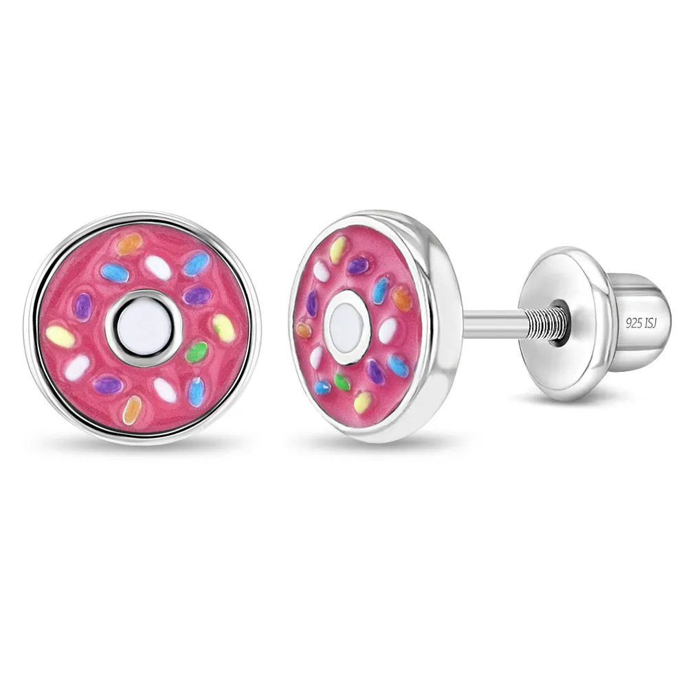 Frosted with Sprinkles Donut Kids / Children's / Girls Earrings Screw Back Enamel - Sterling Silver