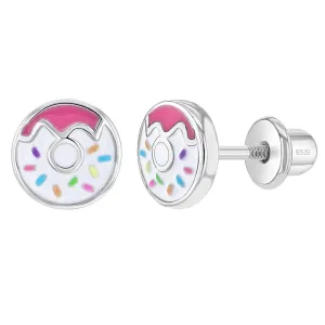 Frosted with Sprinkles Donut Kids / Children's / Girls Earrings Screw Back Enamel - Sterling Silver