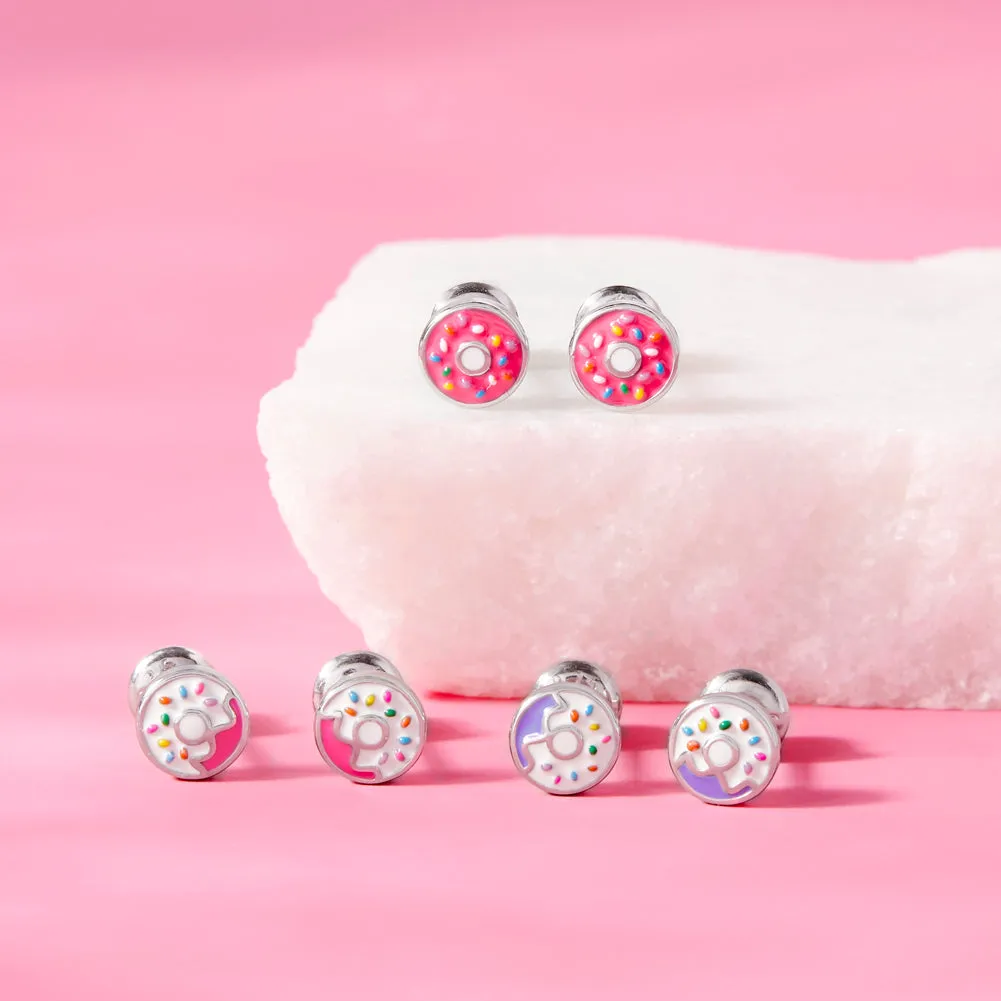 Frosted with Sprinkles Donut Kids / Children's / Girls Earrings Screw Back Enamel - Sterling Silver