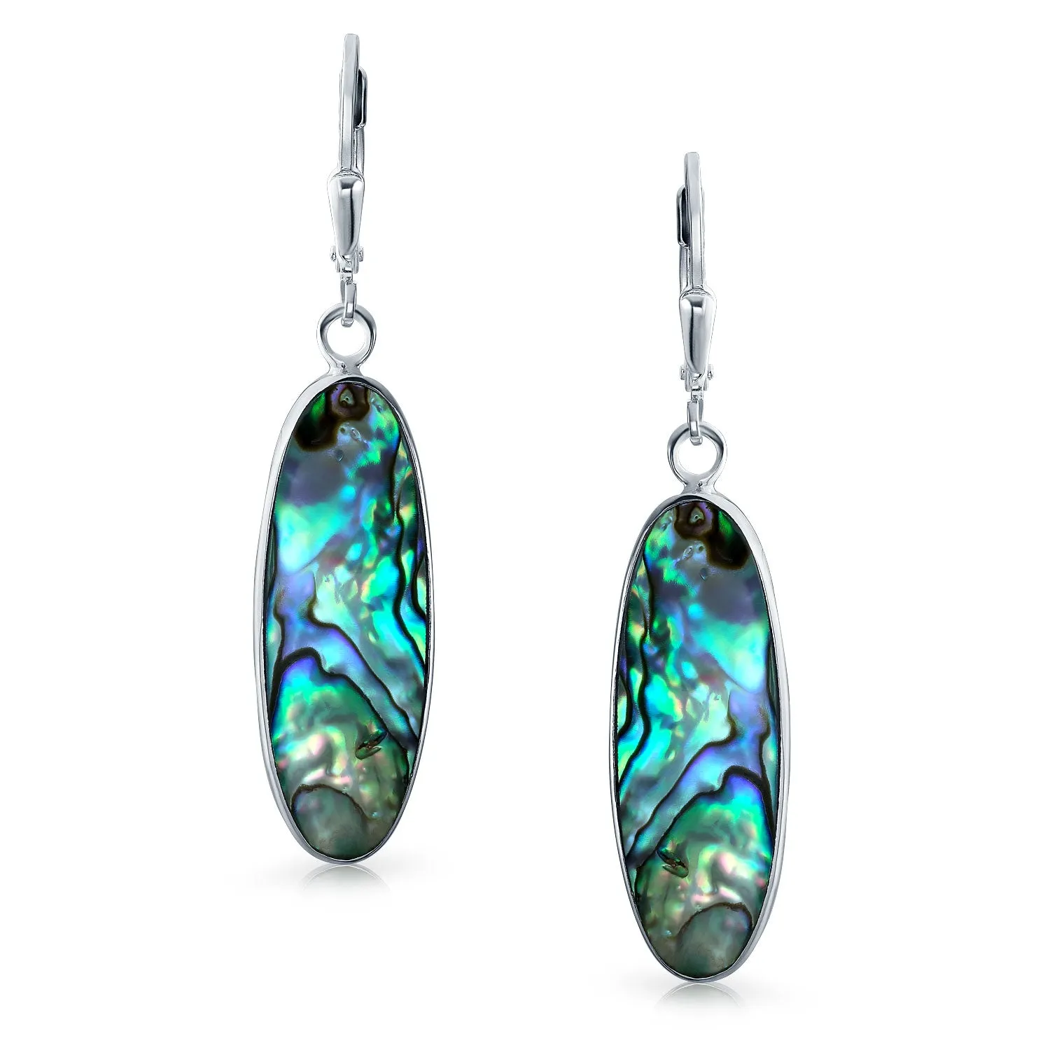 Geometric Iridescent Abalone Shell Oval Long Dangle Earrings in Sterling Silver