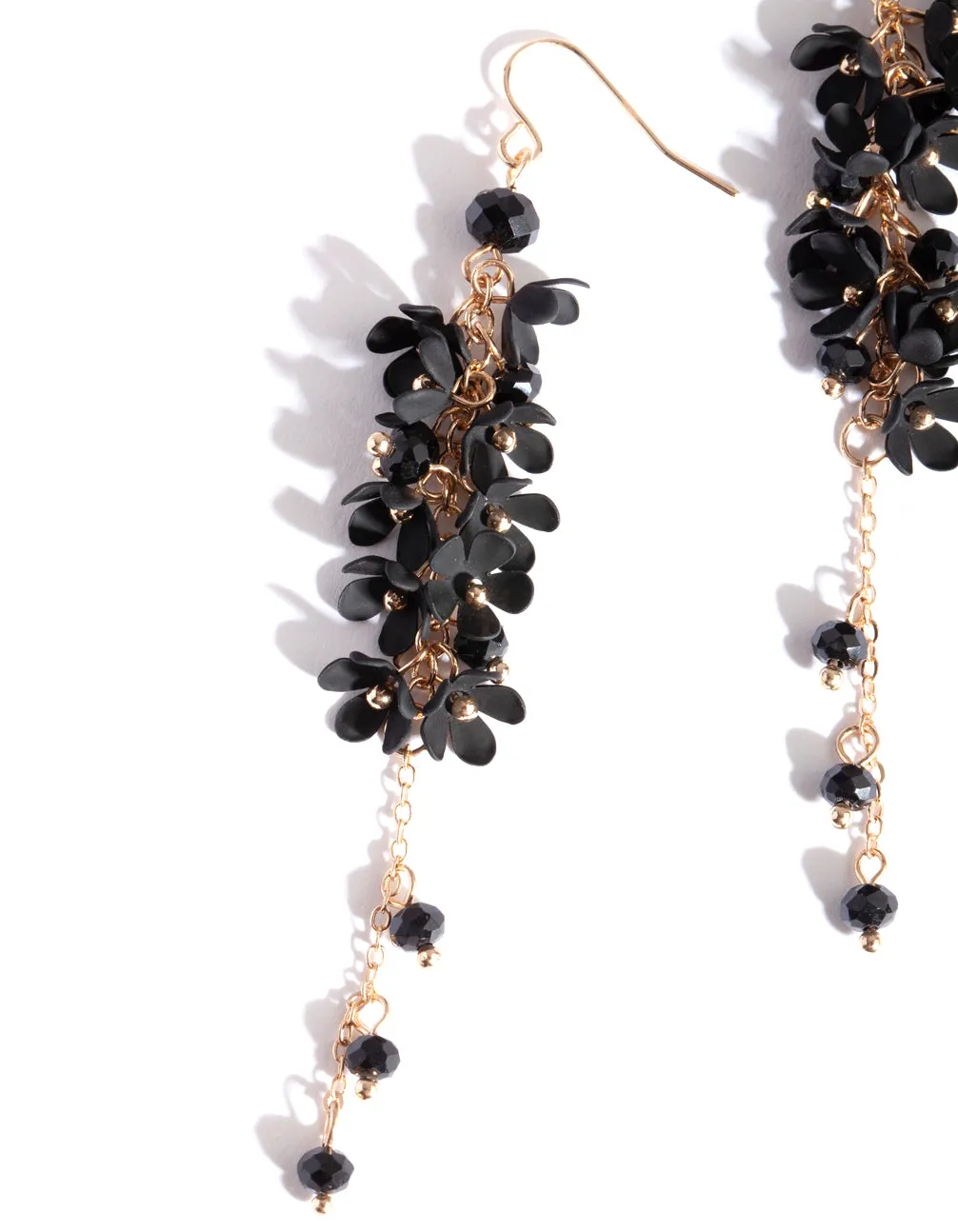 Gold Black Flower Cluster Drop Earrings