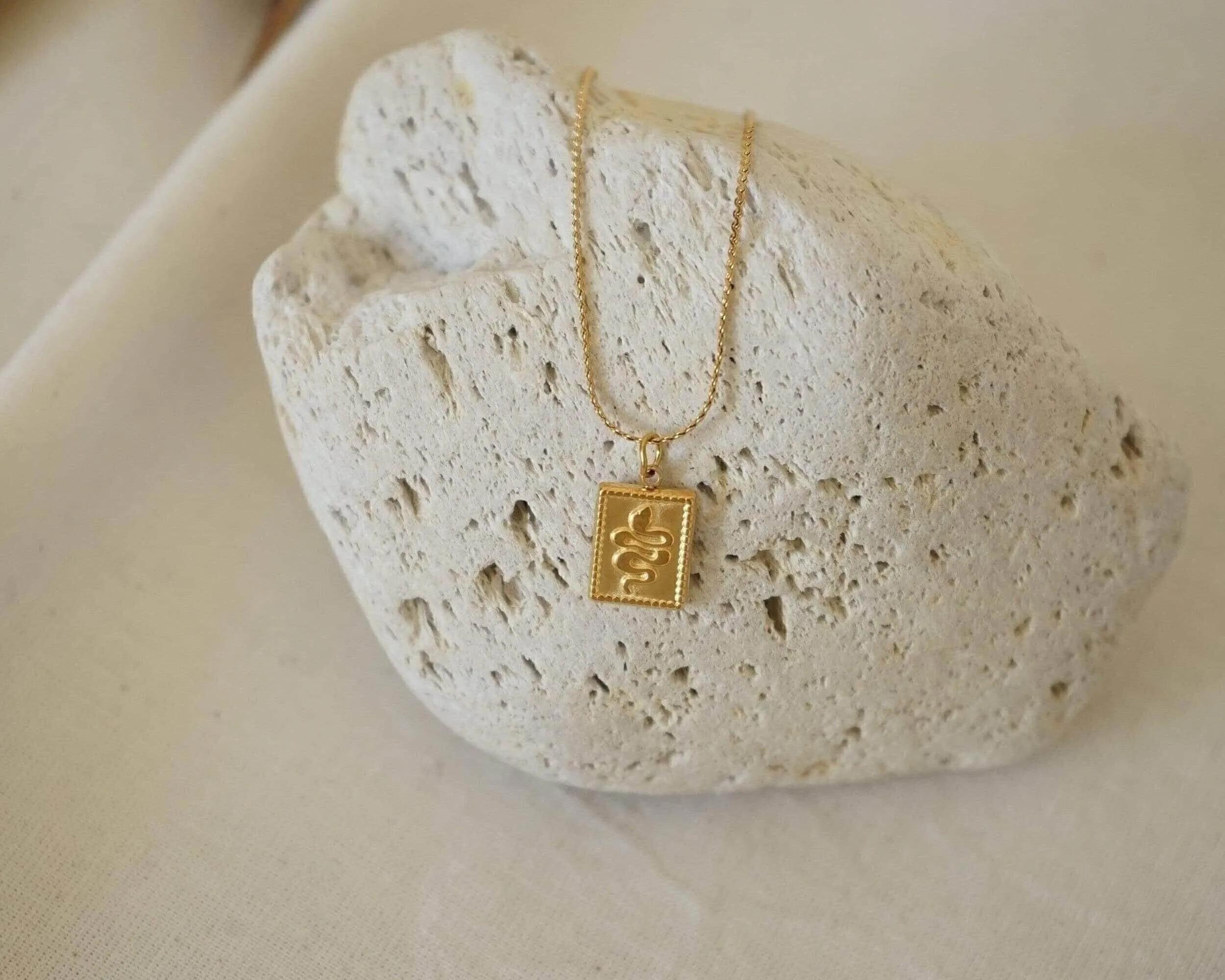 Gold Rectangle Snake Stamp Necklace