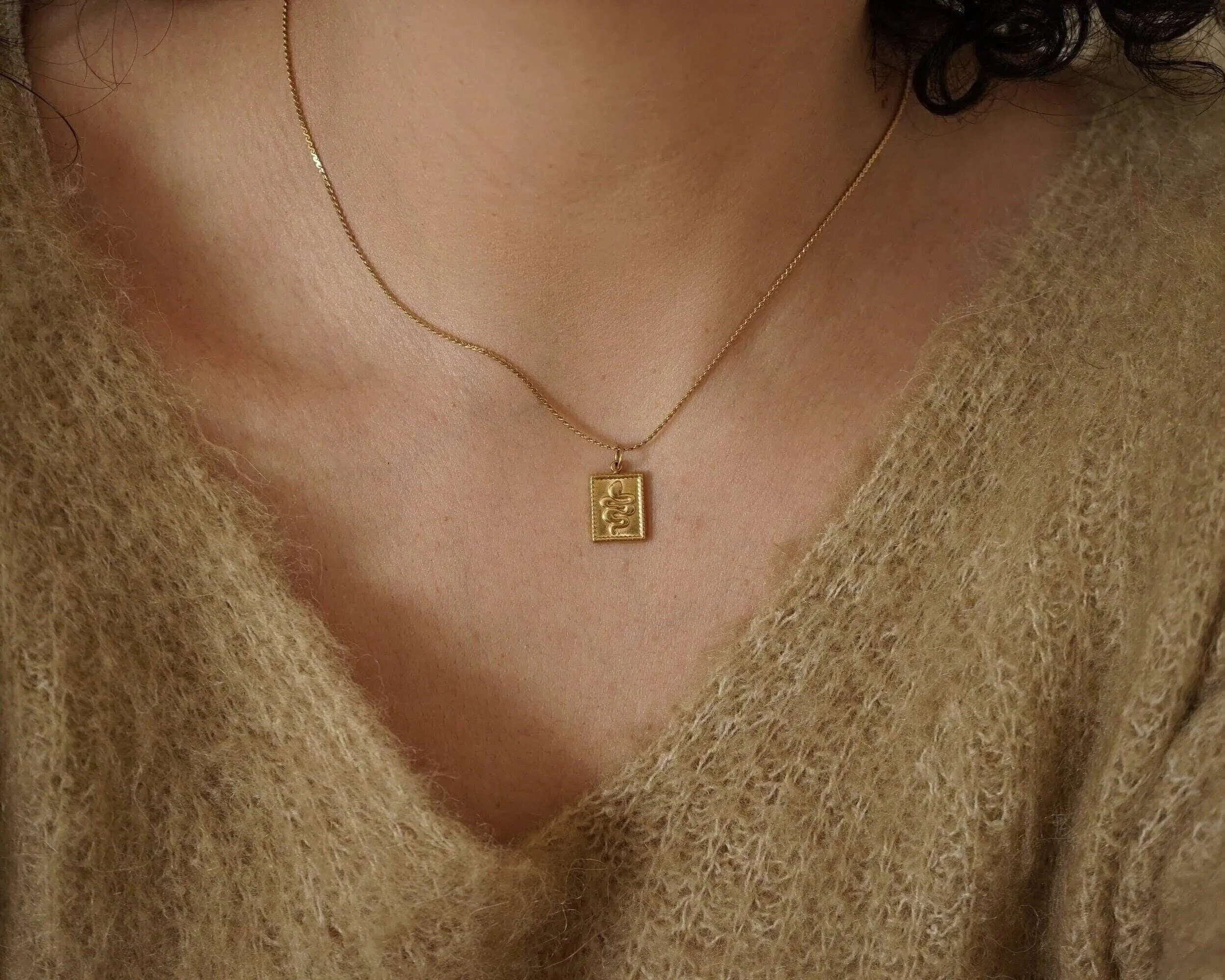 Gold Rectangle Snake Stamp Necklace