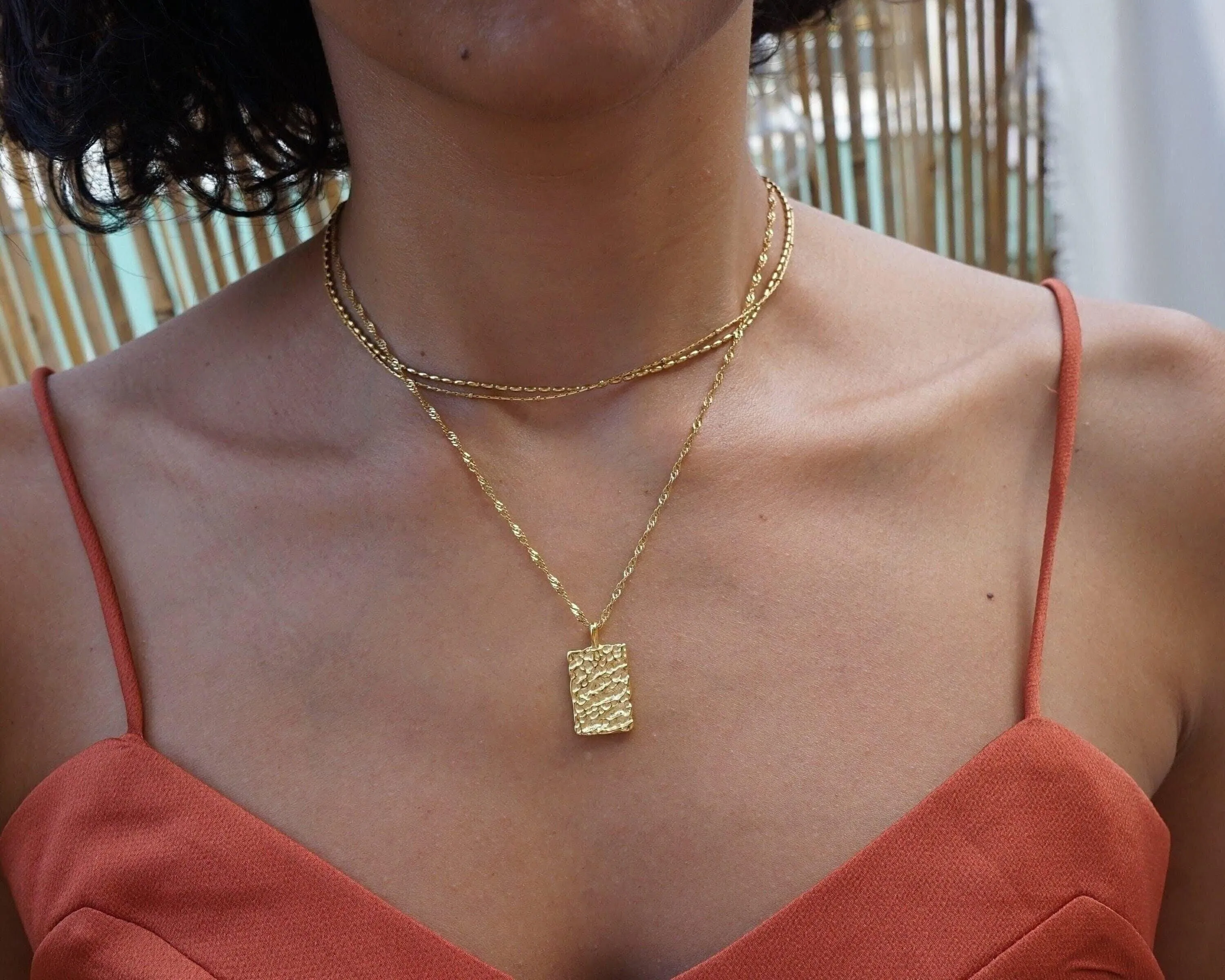 Gold Rectangular Hammered Pendant Necklace