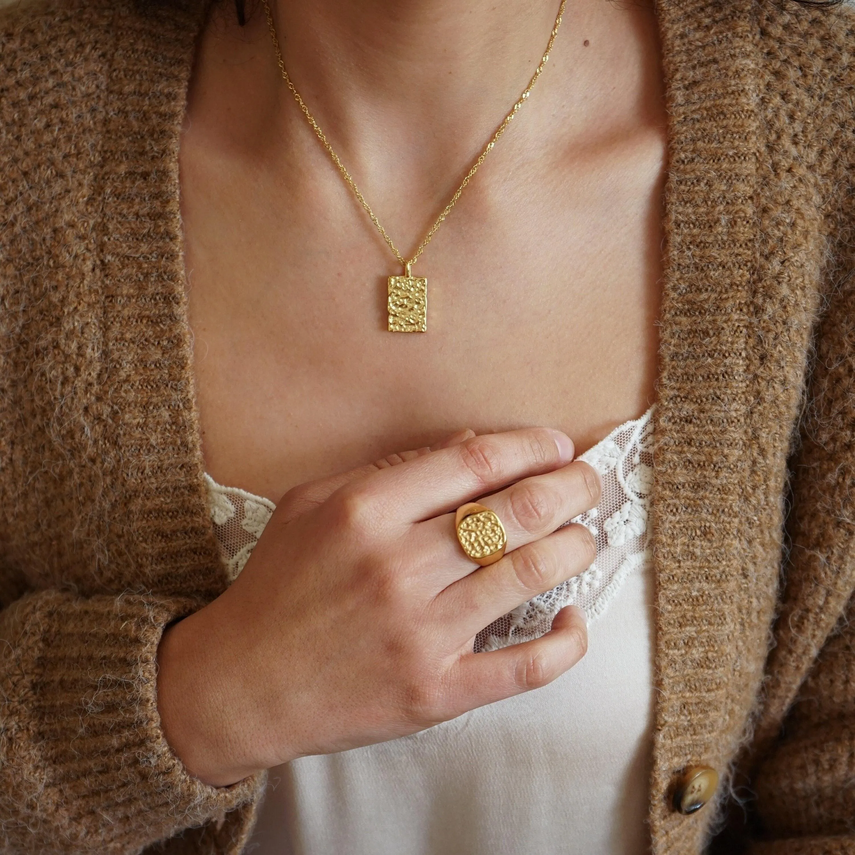 Gold Rectangular Hammered Pendant Necklace