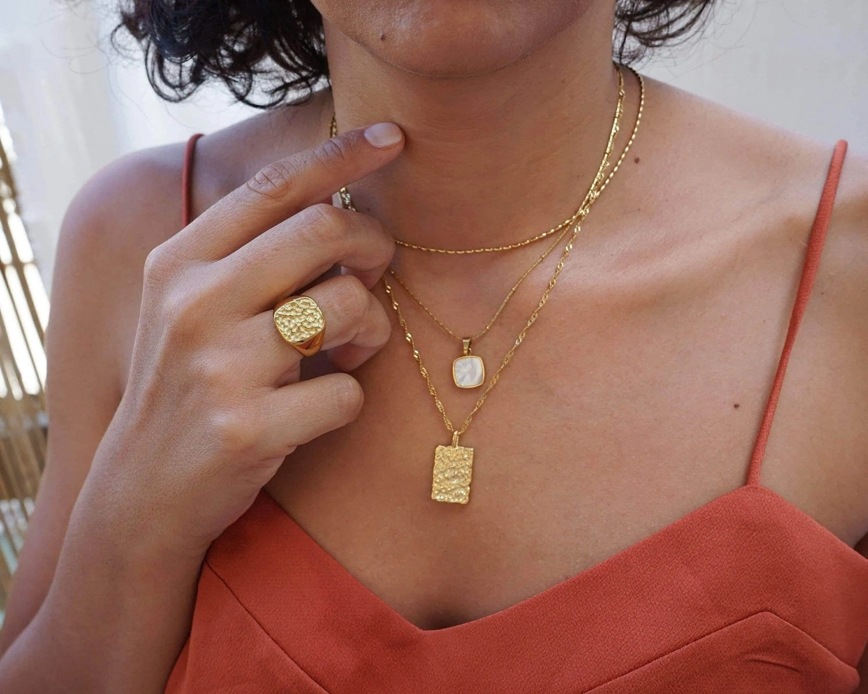 Gold Rectangular Hammered Pendant Necklace