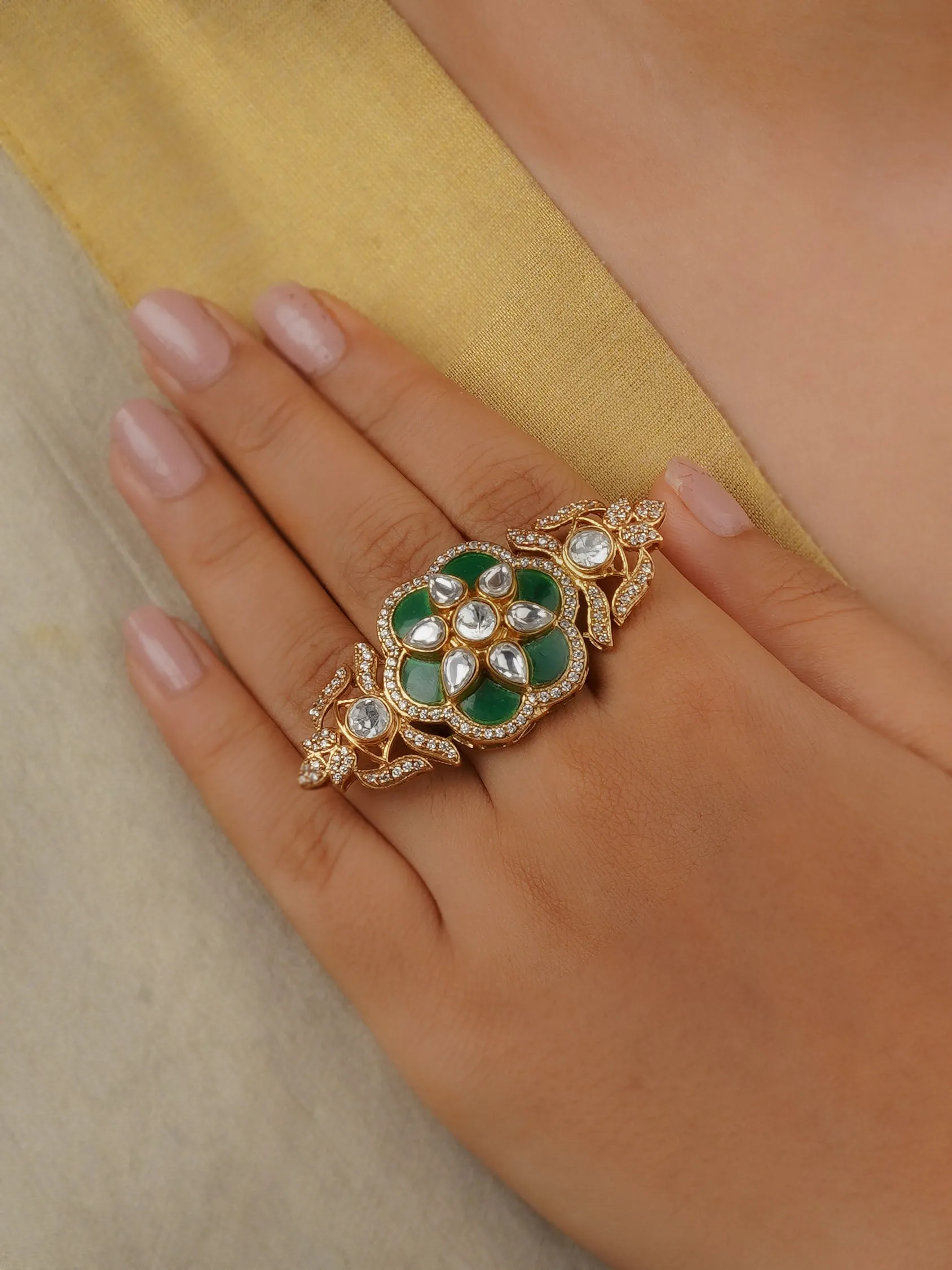 Green Color Gold Plated Faux Polki Ring - PK-R11GR