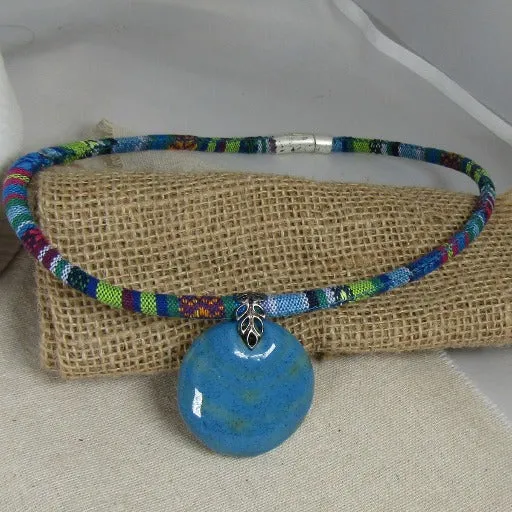 Handmade Blue and Green Fair Trade Kazuri Pendant Cotton Cord Necklace