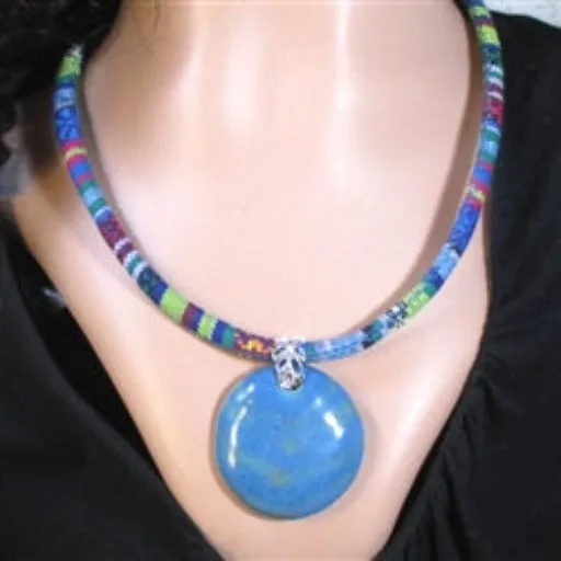 Handmade Blue and Green Fair Trade Kazuri Pendant Cotton Cord Necklace