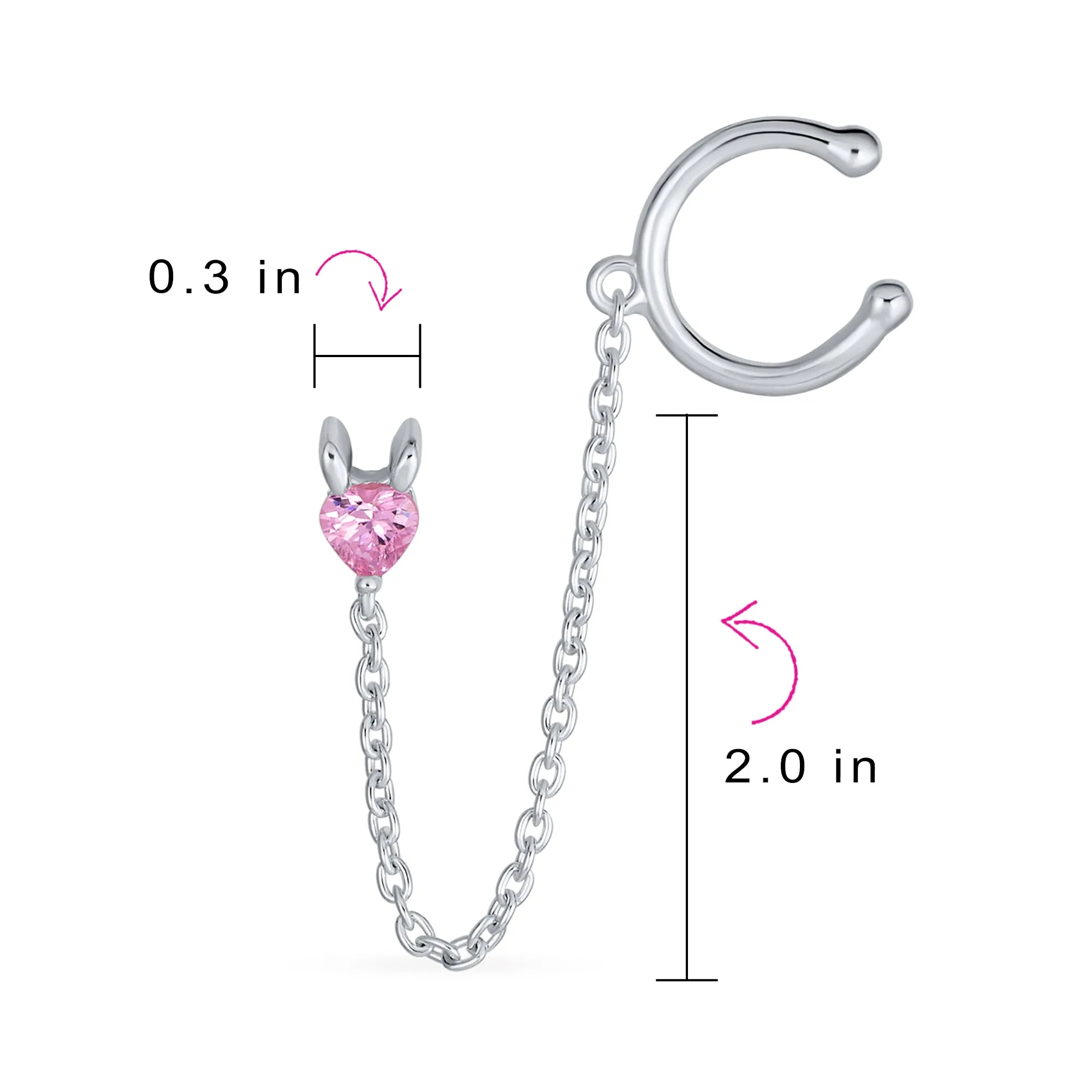 Helix Chain Ear Cuff Cartilage Earrings with CZ Pink Heart in Sterling Silver