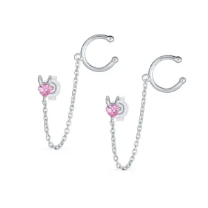 Helix Chain Ear Cuff Cartilage Earrings with CZ Pink Heart in Sterling Silver