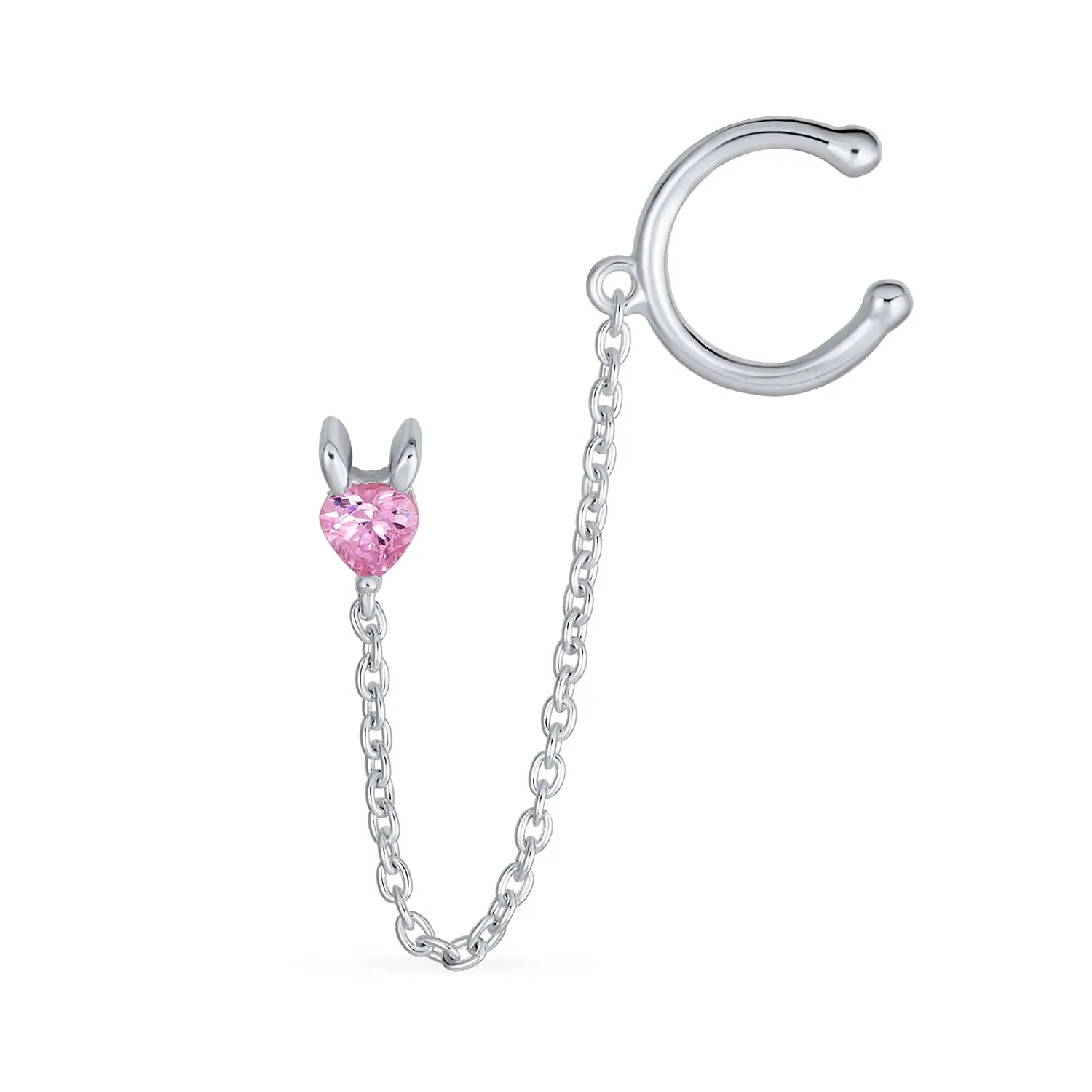 Helix Chain Ear Cuff Cartilage Earrings with CZ Pink Heart in Sterling Silver