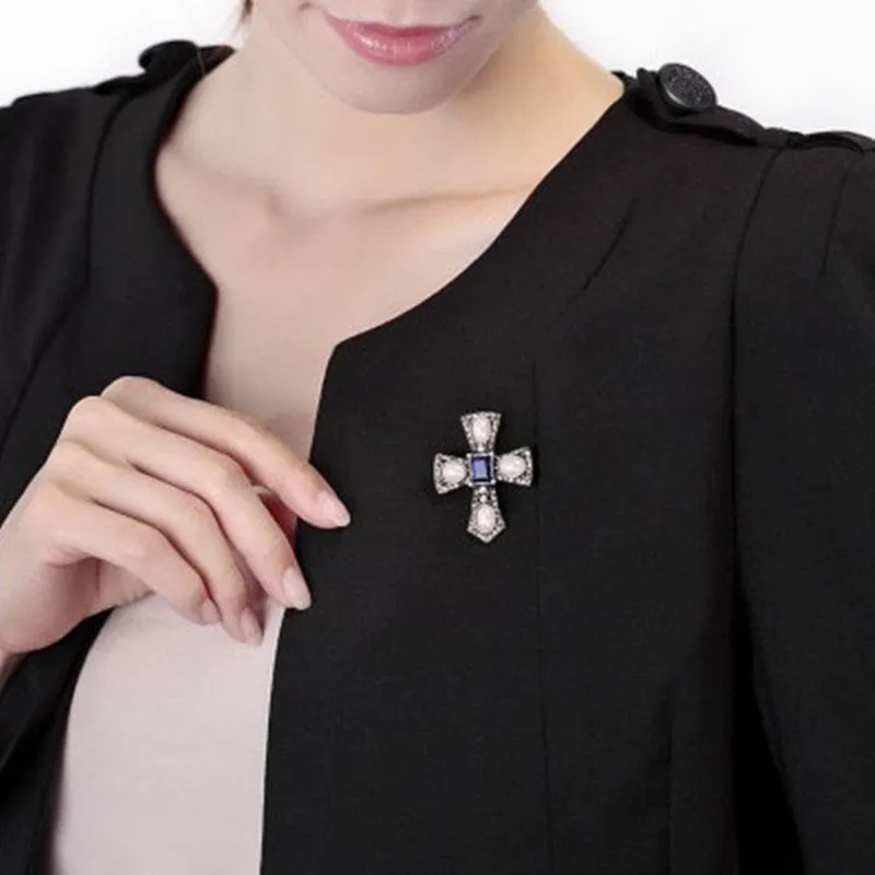 Hot Fashion simulated Pearl Rhinestone Cross Brooch jewelry Vintage Blue gem luxury brooches for women Accessories