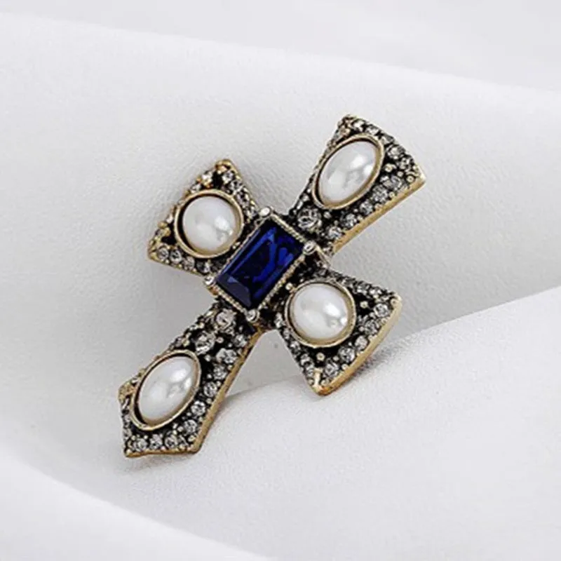 Hot Fashion simulated Pearl Rhinestone Cross Brooch jewelry Vintage Blue gem luxury brooches for women Accessories