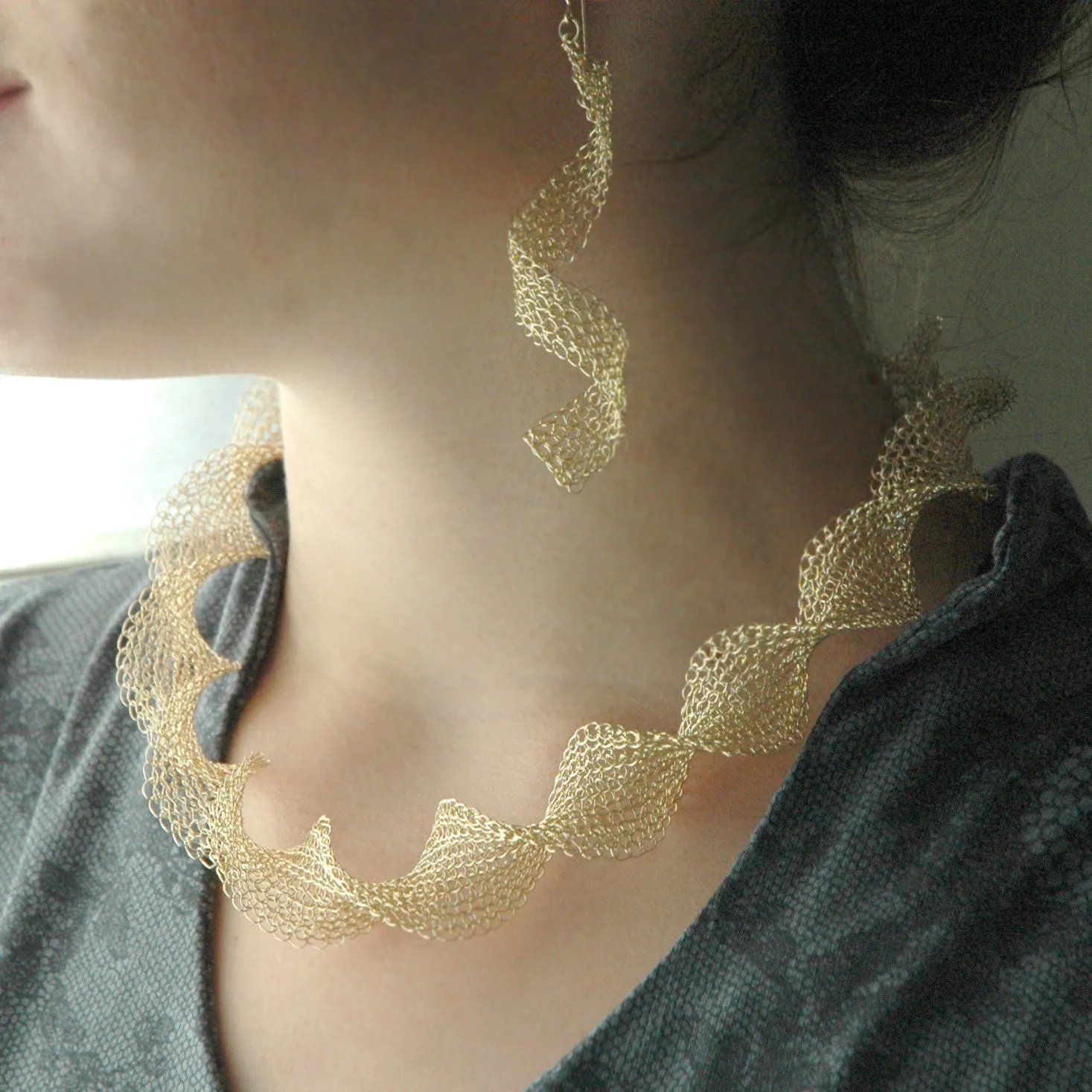 Infinity gold wire crochet earrings , long elegant knitted wire