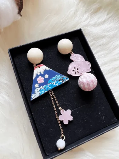 Kawaii - Rabbit mount fuji earrings |Kawaii cute earrings | korean art colourful dangle earrings | mismatch bunny japanese style earrings