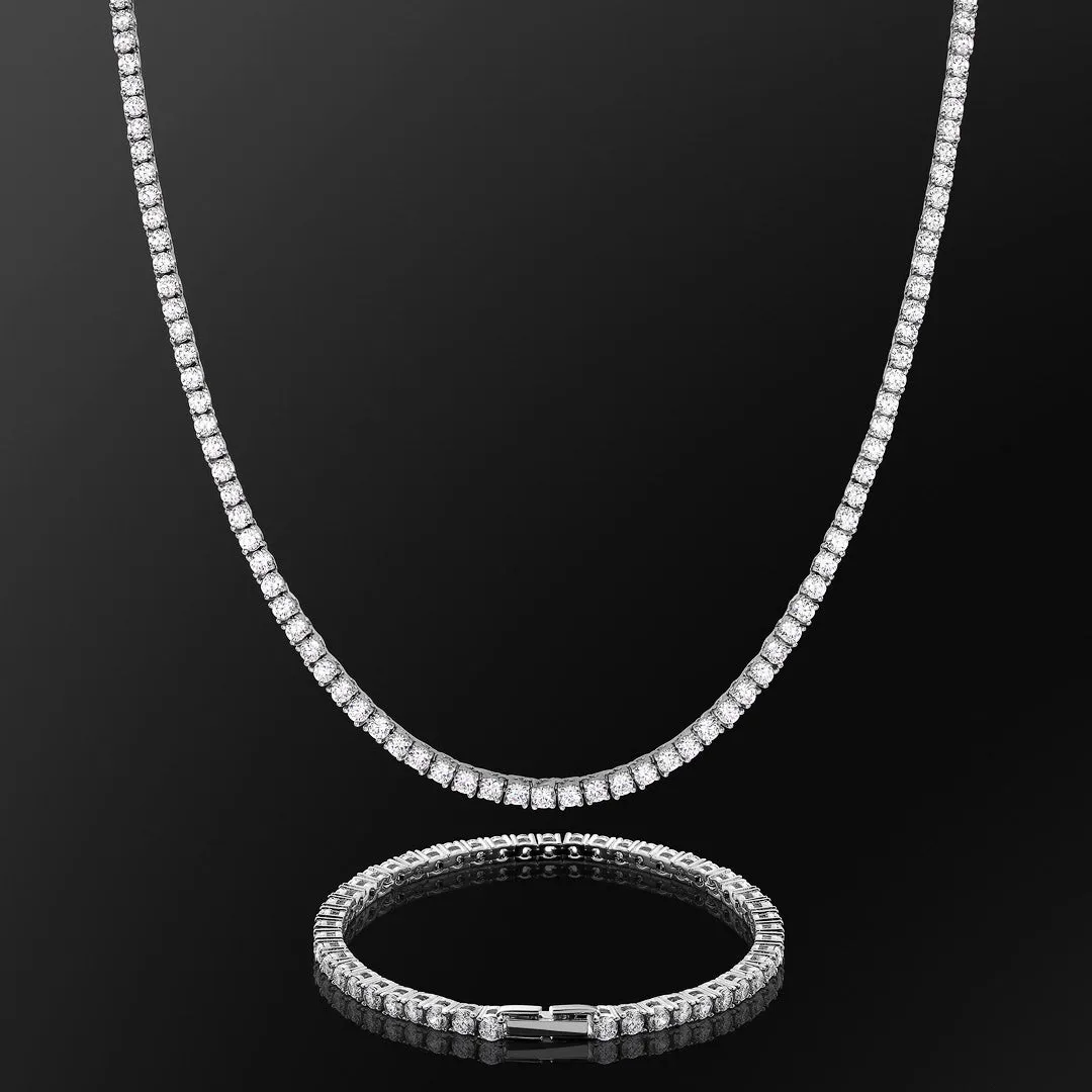 KRKC 3mm CZ Diamond Mens Tennis Chain and Bracelet Set in White Gold