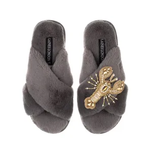 Laines London Grey Slippers with Gold and Pearl Lobster