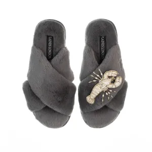 Laines London Pearl & Beaded Lobster Slippers Grey