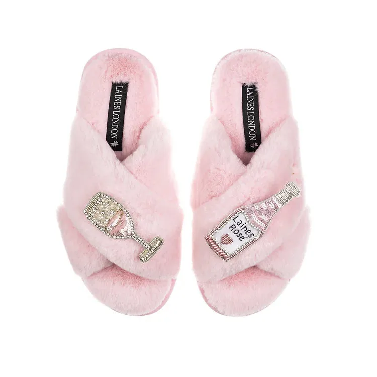 Laines London Pink Slippers with Laines Rose Wine Brooches