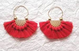 Large Red Fringe Crescent Fan Shape Hoop Statement Trendy Earings, Southern Holiday Earrings