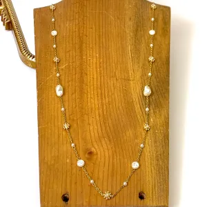 Long Gold Tone Necklace with Irregular Pearl Accents