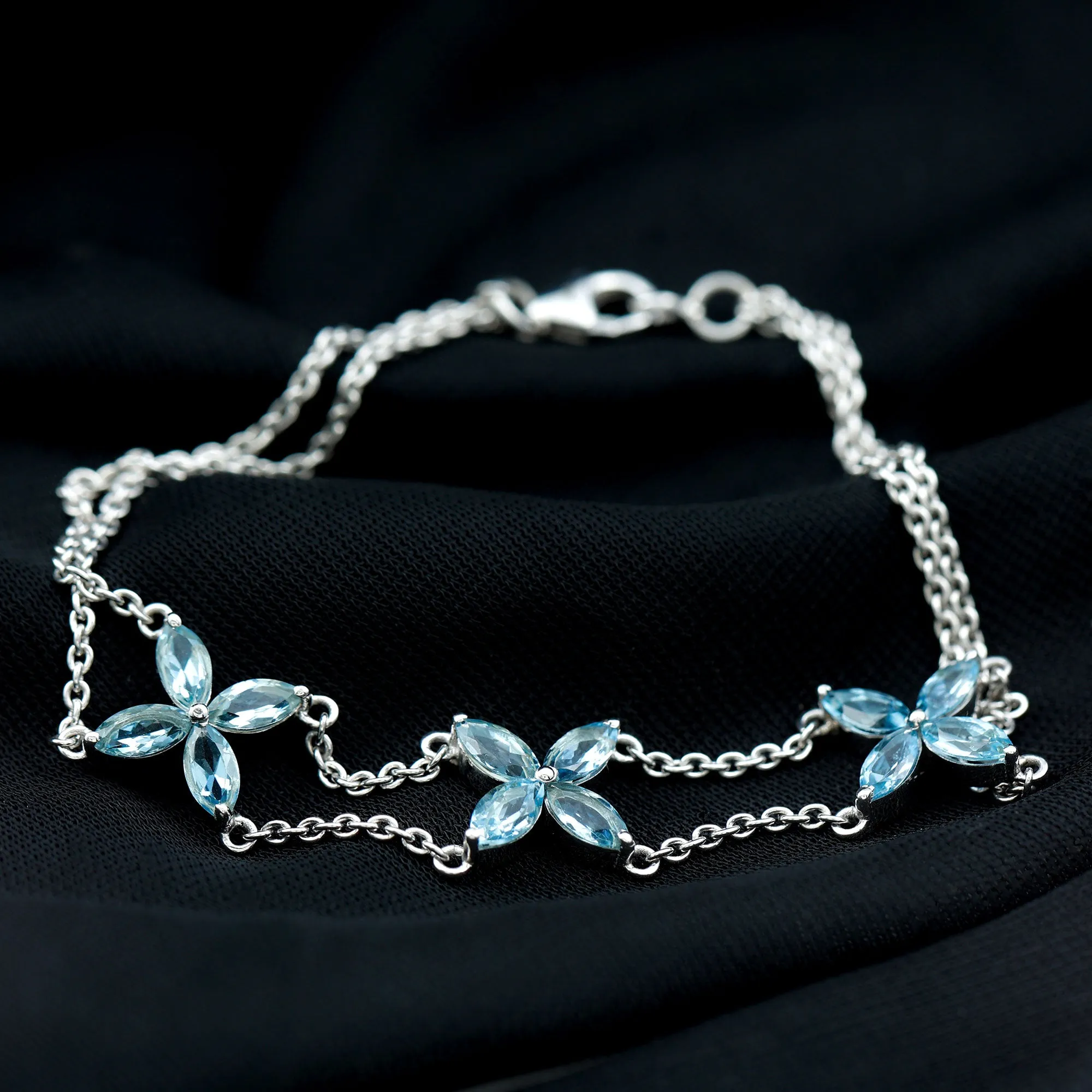 Marquise Cut Aquamarine Floral Double Chain Bracelet