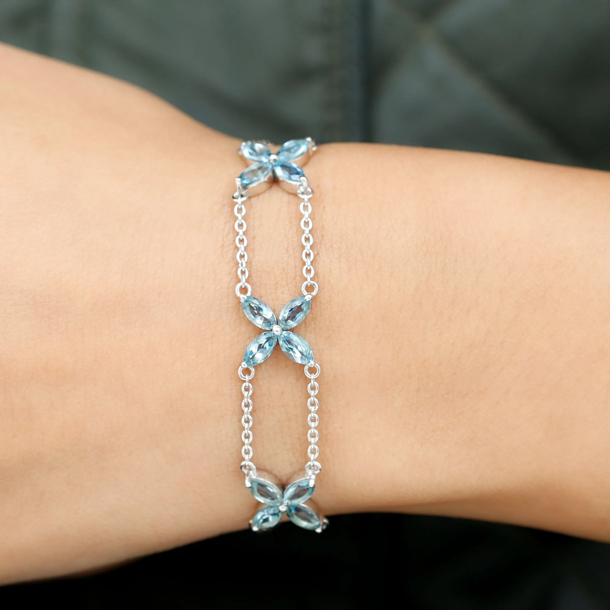 Marquise Cut Aquamarine Floral Double Chain Bracelet