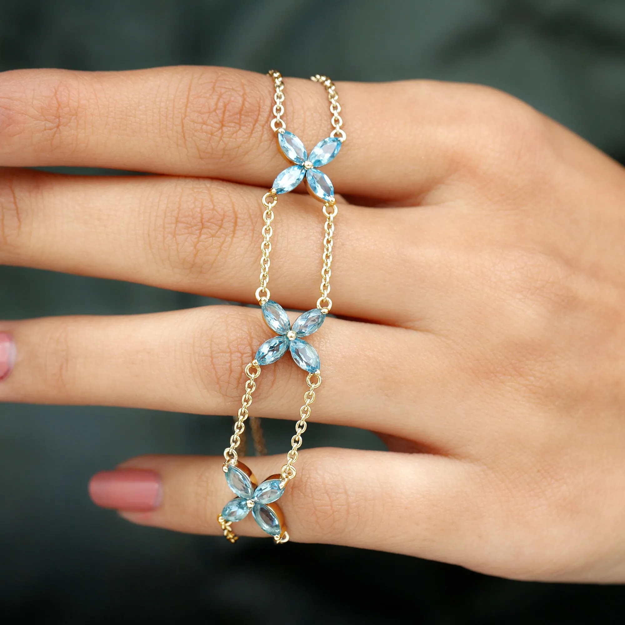 Marquise Cut Aquamarine Floral Double Chain Bracelet