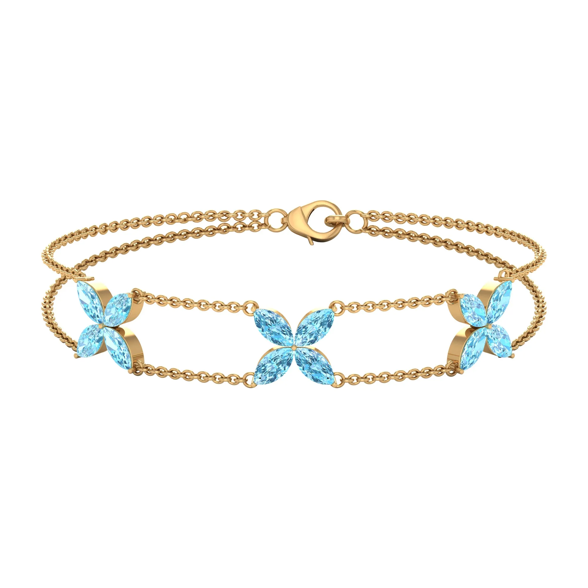 Marquise Cut Aquamarine Floral Double Chain Bracelet