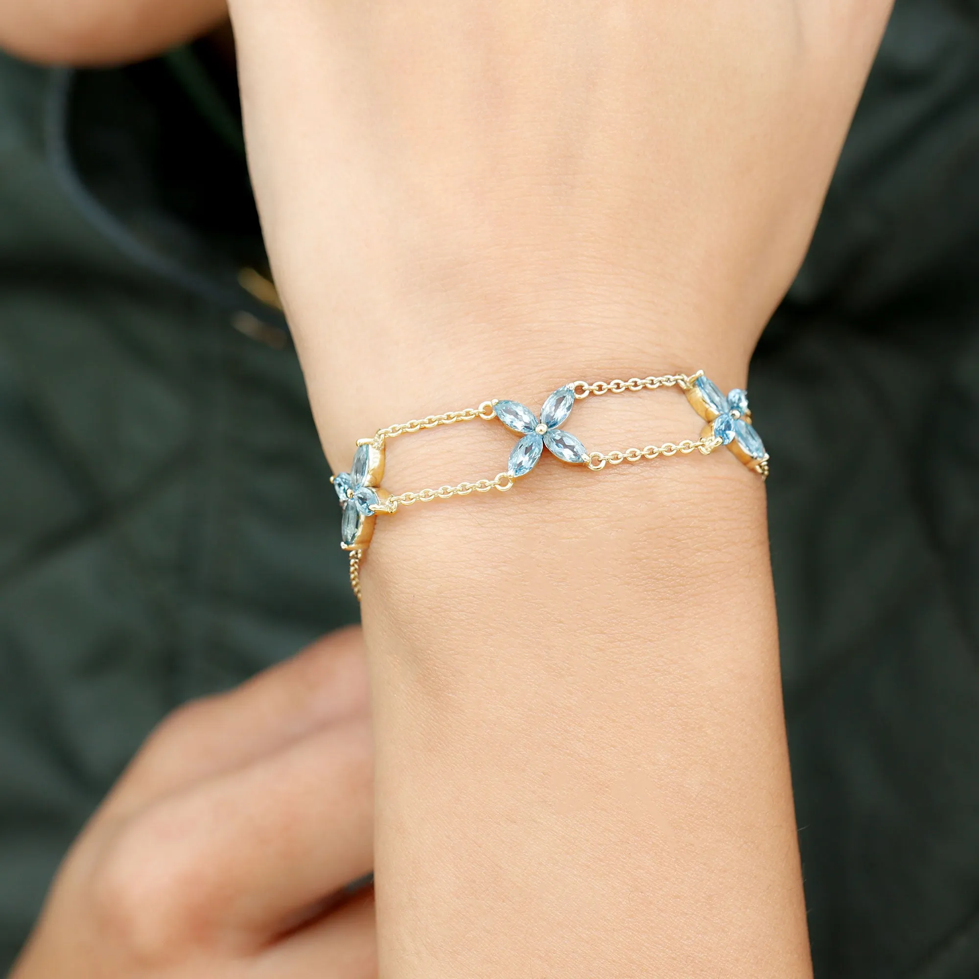 Marquise Cut Aquamarine Floral Double Chain Bracelet