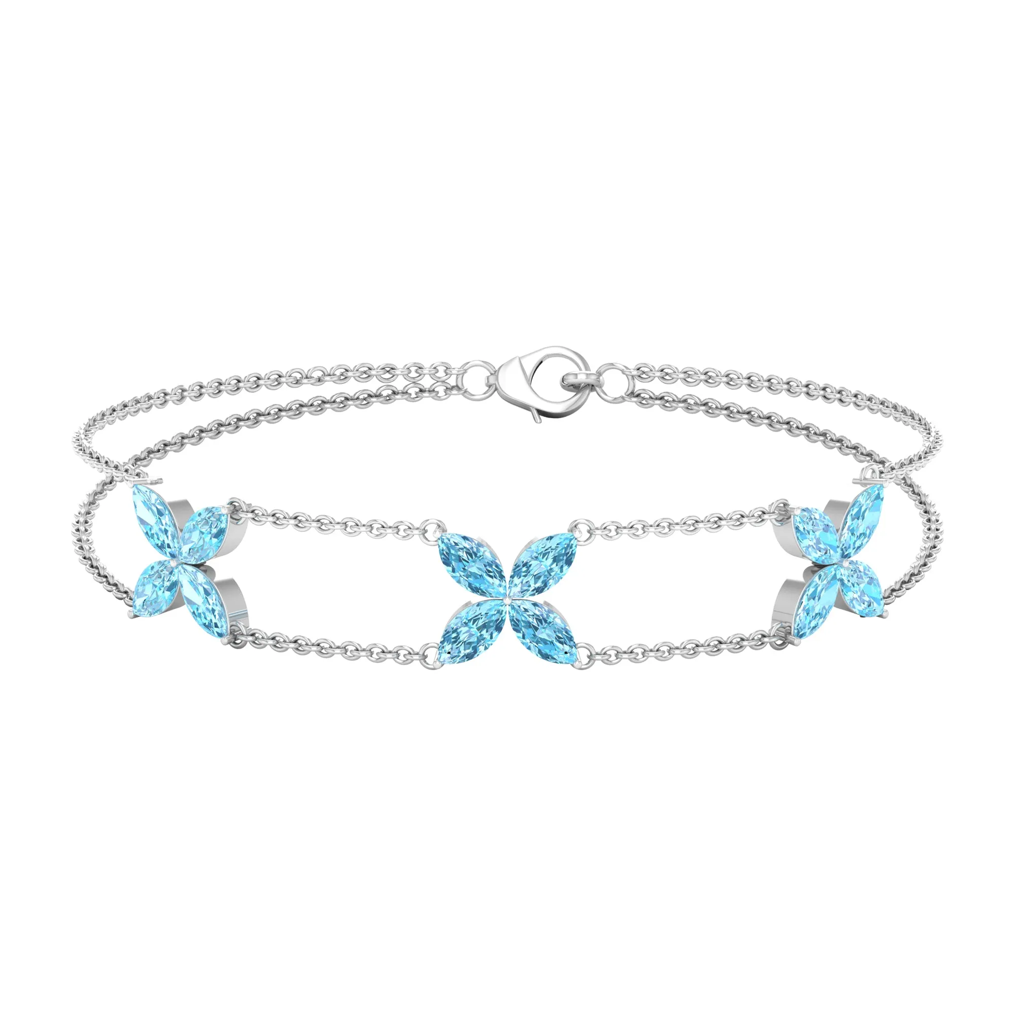 Marquise Cut Aquamarine Floral Double Chain Bracelet