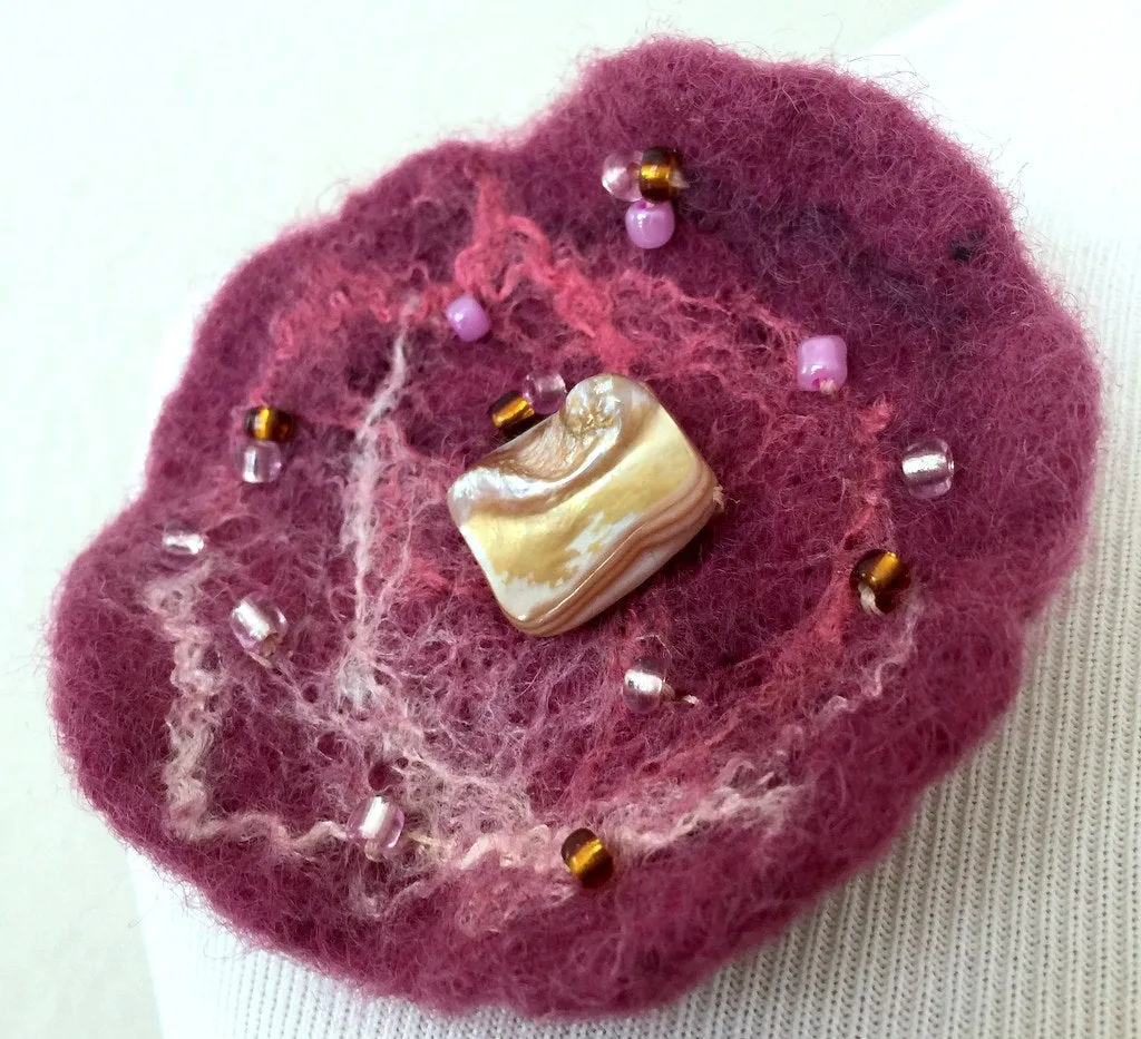 Merino Wool Silk Brooch, Statement Jewelry, Flower Brooch in Pink and Purple colors