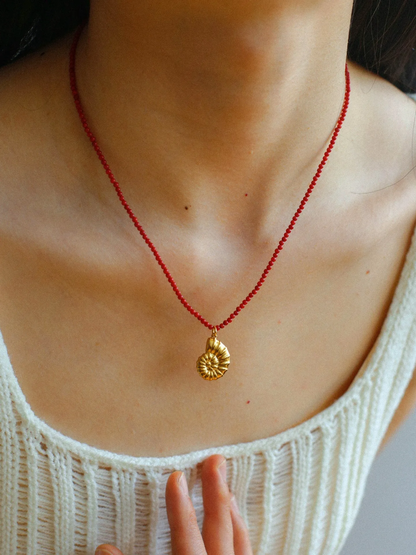 Mini Red Coral Beaded Necklace with Conch Pendant