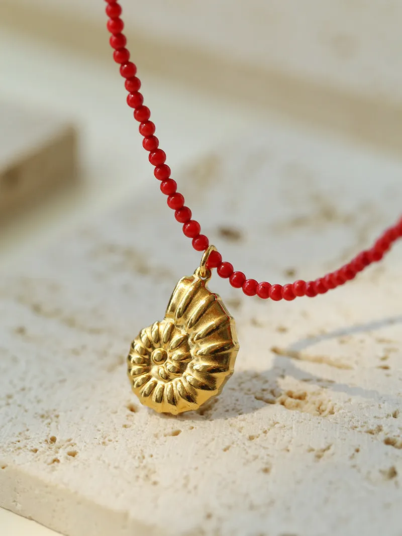 Mini Red Coral Beaded Necklace with Conch Pendant