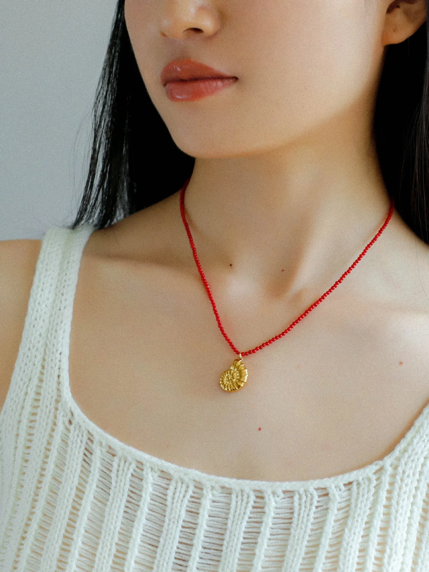 Mini Red Coral Beaded Necklace with Conch Pendant