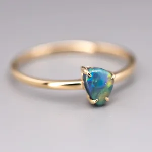 Minimalist Australian Black Opal Ring 18K Yellow Gold Band