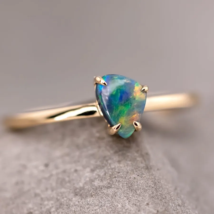 Minimalist Australian Black Opal Ring 18K Yellow Gold Band