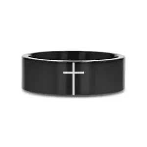 MINIMALIST CROSS Laser Engraved on Flat Black Tungsten Carbide Ring