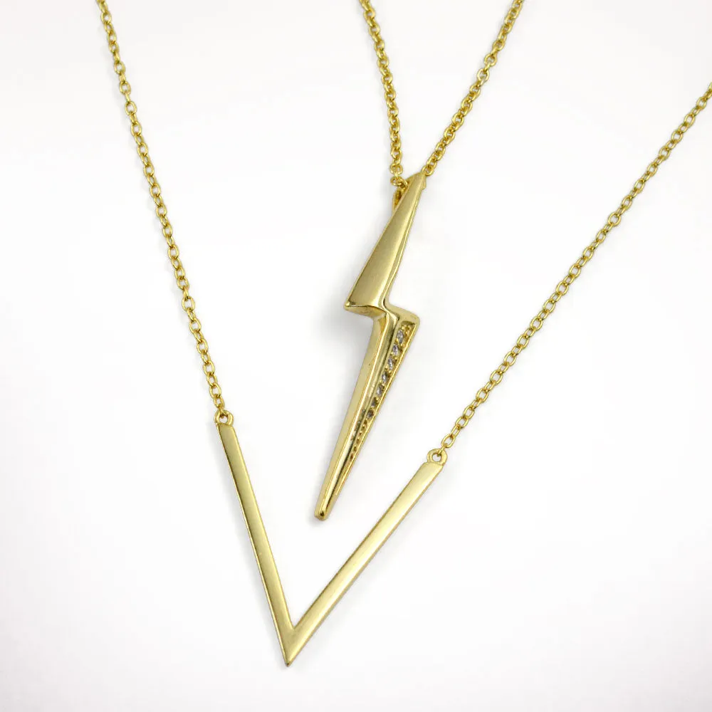 Minimalist Geometric Lightning Bolt Pendant Necklace 14K Gold Plated Silver