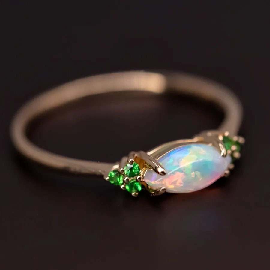 Minimalist Marquise Solid Opal Tsavorite Engagement Ring 18K Yellow Gold