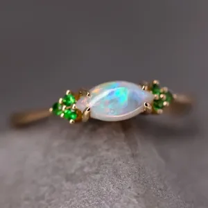 Minimalist Marquise Solid Opal Tsavorite Engagement Ring 18K Yellow Gold