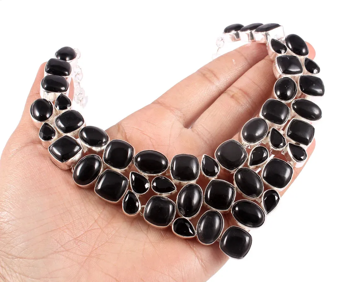 Natural Cabochon Black Onyx Bib Necklace  - 925 Sterling Silver Wedding Necklace