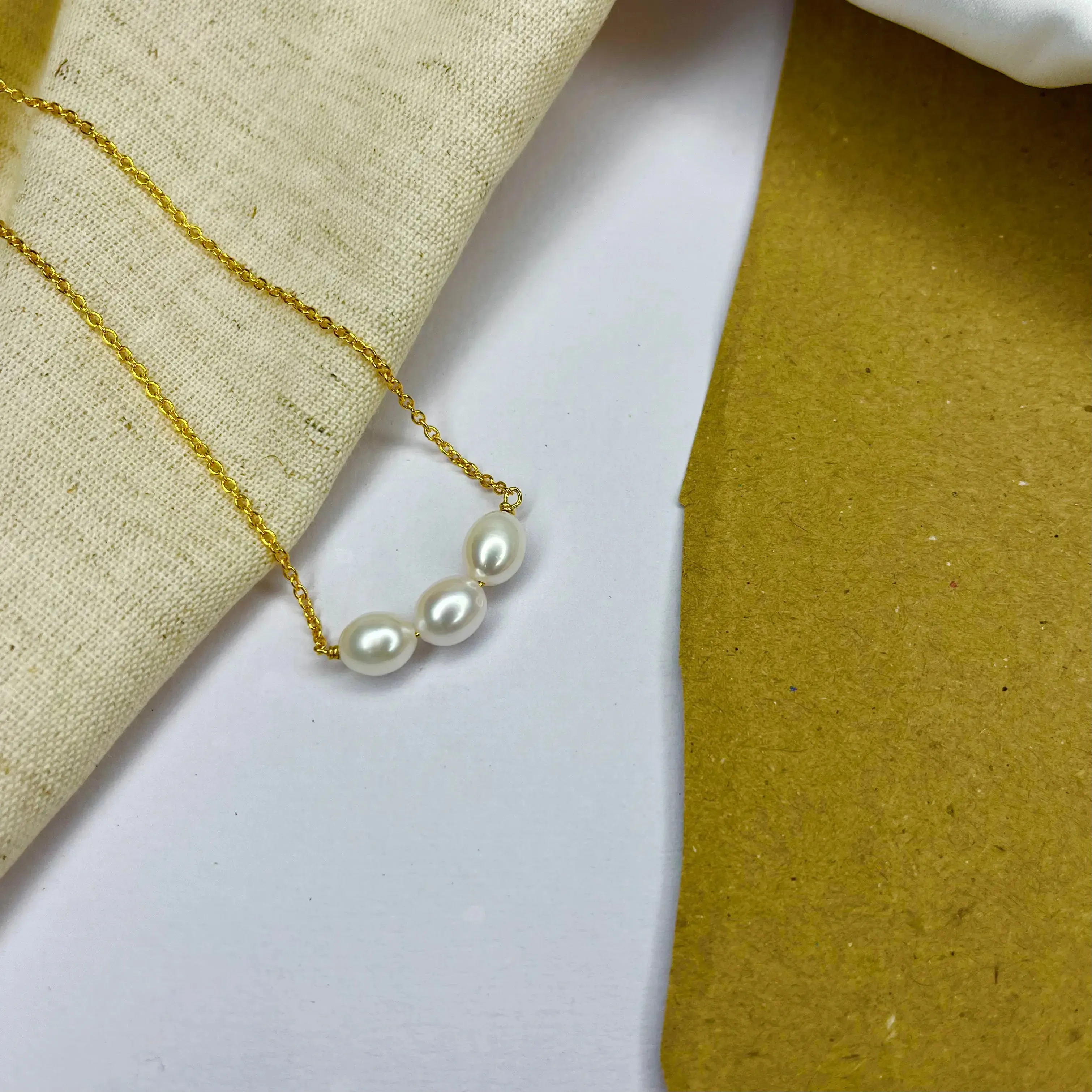 Natural White Pearl Trio Necklace| 925 Silver| Gold Plated - From Purl